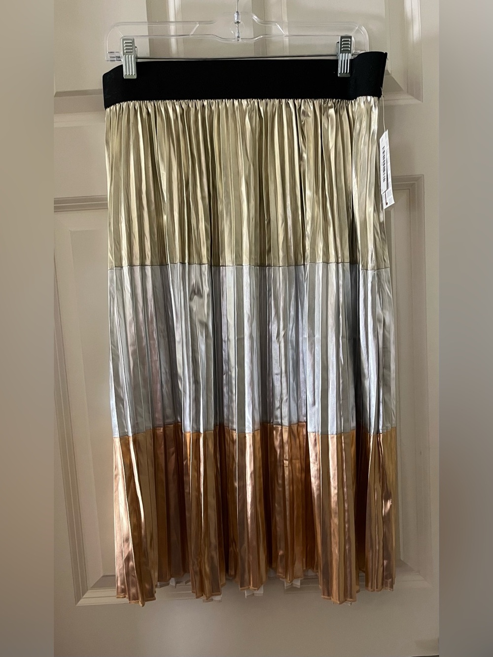 NWT LuLaRoe Jill metallic color-block pleated midi skirt horizontal panels party